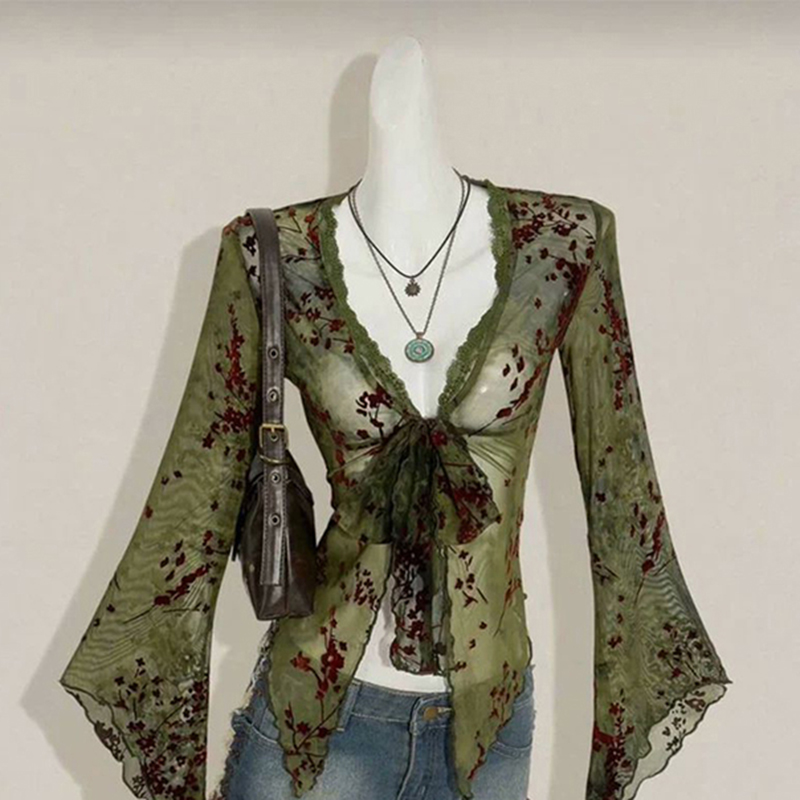 Romper Floral Print - MEXZT Vintage Floral Mesh Shirts Women